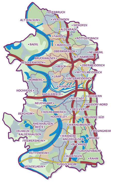 Karte der Region Duisburg und Umgebung mit markierten Stadtteilen, in denen Mehrfamilienhäuser gesucht werden.